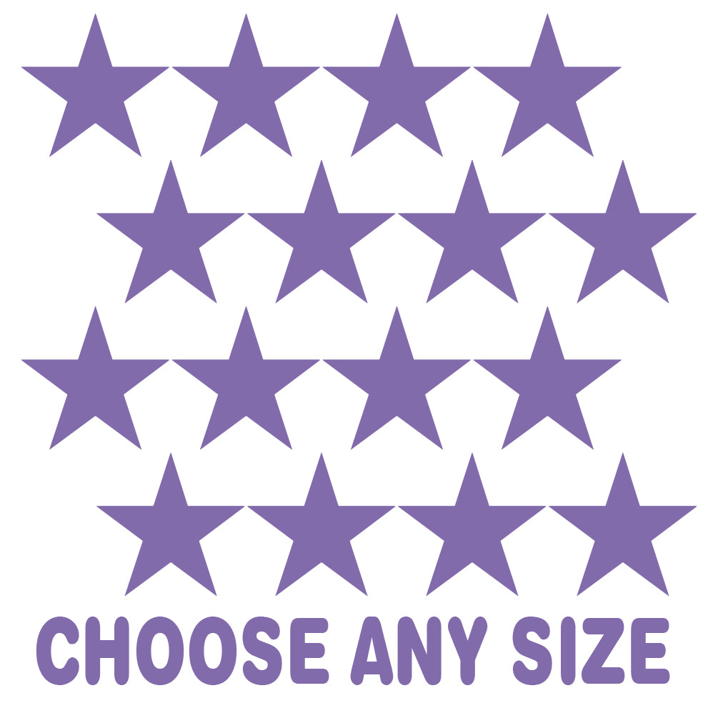 Lavender stars vinyl wall decals with customizable sizes, featuring a pattern of purple star shapes against a white background.