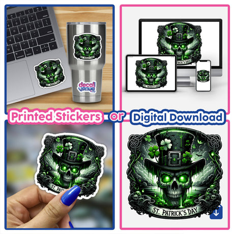 Emerald-Eyed Skull with Shamrock Hat St. Patrick's Day Sticker - A graphic design featuring a green skull wearing a shamrock hat, surrounded by Celtic-inspired decorative elements.