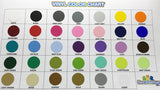 Comprehensive vinyl color chart displayed with a variety of vibrant hues including black, gray, yellow, orange, red, pink, blue, green, and more, providing a useful reference for color selection and coordination.