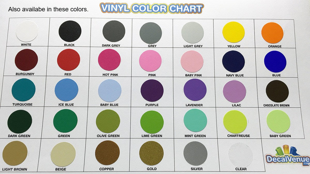 Vinyl color chart showing a variety of color options for wall decals and stickers, including orange, yellow, purple, and other vibrant shades, presented by Decal Venue, an online store offering unique stickers and digital art.