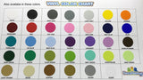 Vinyl color chart showing a variety of color options for wall decals and stickers, including orange, yellow, purple, and other vibrant shades, presented by Decal Venue, an online store offering unique stickers and digital art.