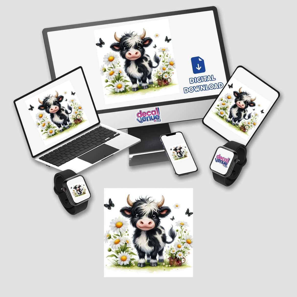 Highland Cow, Daisies and Butterflies