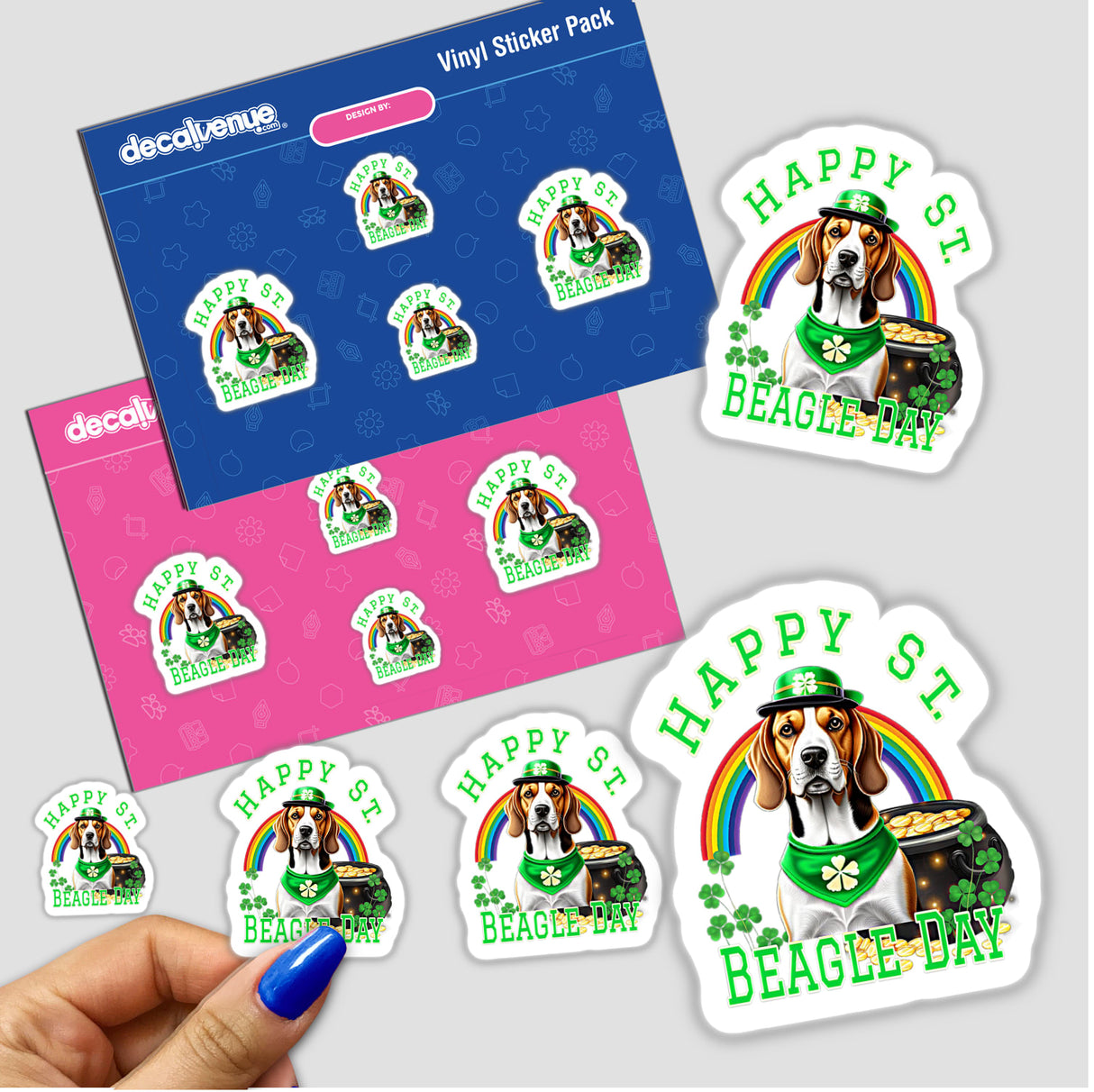 Beagle St. Patrick's Day sticker pack featuring a cartoon dog wearing a hat and bandana, a rainbow, and a pot of gold.
