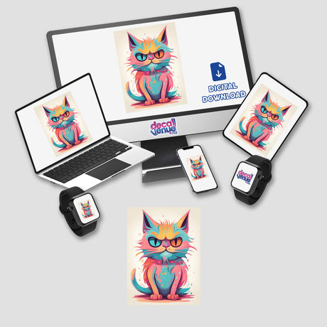 Colorful cartoon cat with glasses, digital artwork displayed on various devices