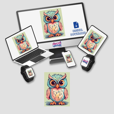 Colorful illustration of adorable angry owl featured on various digital devices and accessories, including a laptop, smartphone, smartwatch, and smartphone case, with the Decal Venue logo visible.