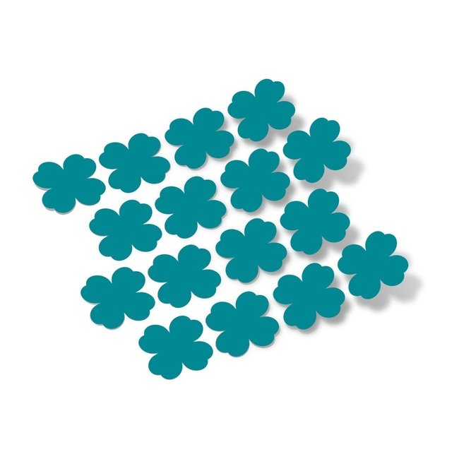 Turquoise Shamrock Vinyl Wall Decals - Decorative turquoise shamrock-shaped stickers arranged on a white background.
