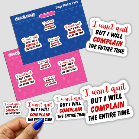 Amusing sarcastic stickers featuring irreverent fitness and complaint-themed messages, presented in a Decal Venue product pack.