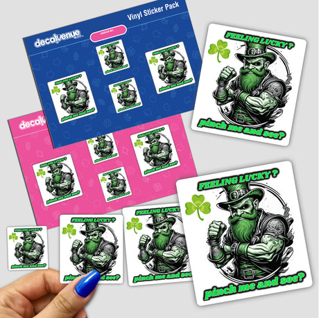 Lucky Leprechaun cartoon sticker featuring a cheerful leprechaun with a green hat and beard, ideal for decorating various surfaces. Available as stickers or digital artwork from Decal Venue.