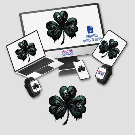 Gothic Shamrock Skulls St. Patrick's Day Sticker - Unique digital artwork featuring a dark, gothic-style shamrock with skull designs, created for the Decal Venue online store.