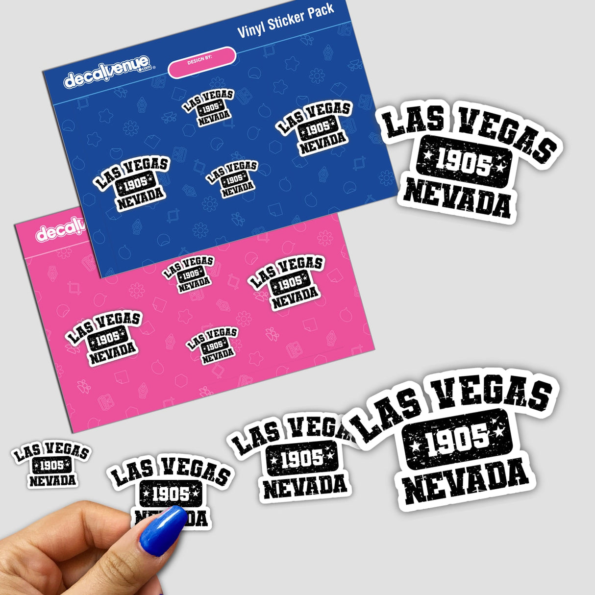 Hand holding a Las Vegas, Nevada - 1905 - Old School Athletic sticker with black text.