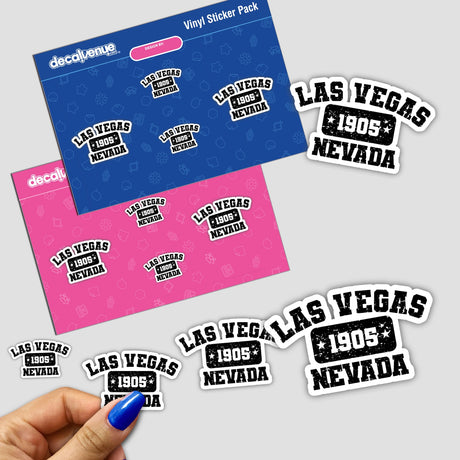 Hand holding a Las Vegas, Nevada - 1905 - Old School Athletic sticker with black text.