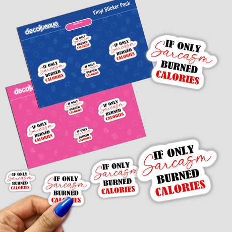 Assortment of sarcastic diet and fitness-themed stickers displayed against a blue and pink background featuring the Decal Venue logo and brand identity.