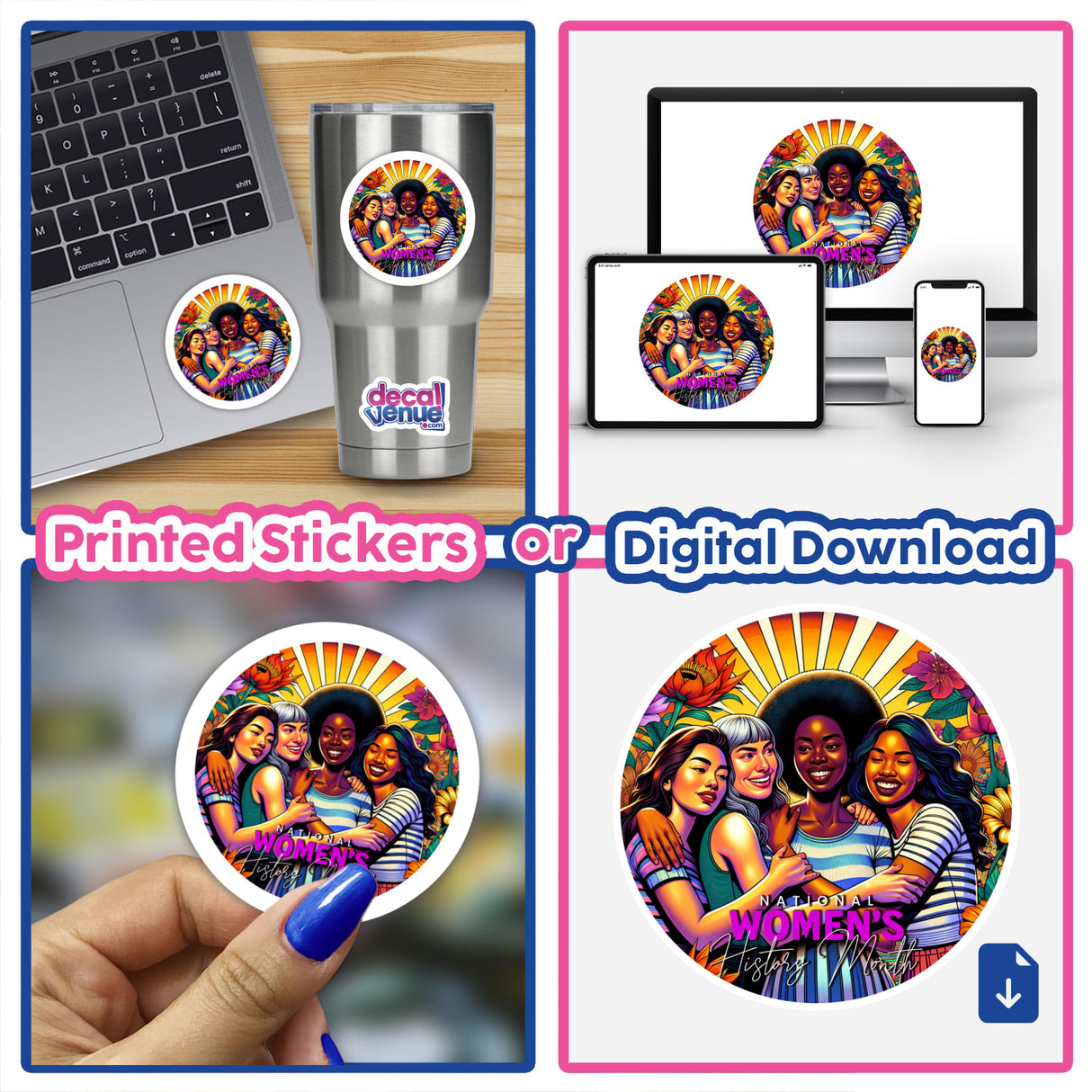 Vibrant digital artwork featuring diverse group of joyful, smiling women with bold, colorful background. The image showcases product placement options including printed stickers, digital downloads, and on-screen displays. The product is titled "Happier Together" and is available from the Decal Venue store, which offers unique stickers and digital art from talented designers.