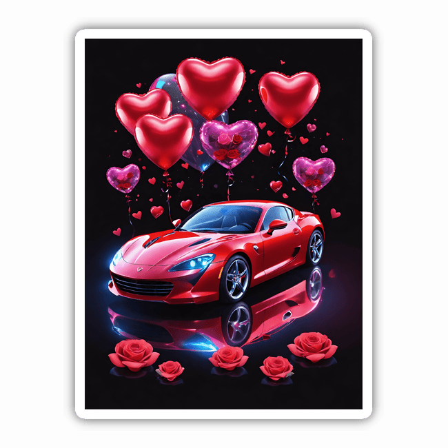 Red Sports Car with Heart Balloons and Roses
