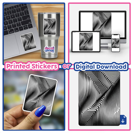 Rectangular optical illusion monochrome wave sticker, featuring a dynamic graphic pattern that creates a mesmerizing visual effect, suitable for digital downloads or printed stickers.