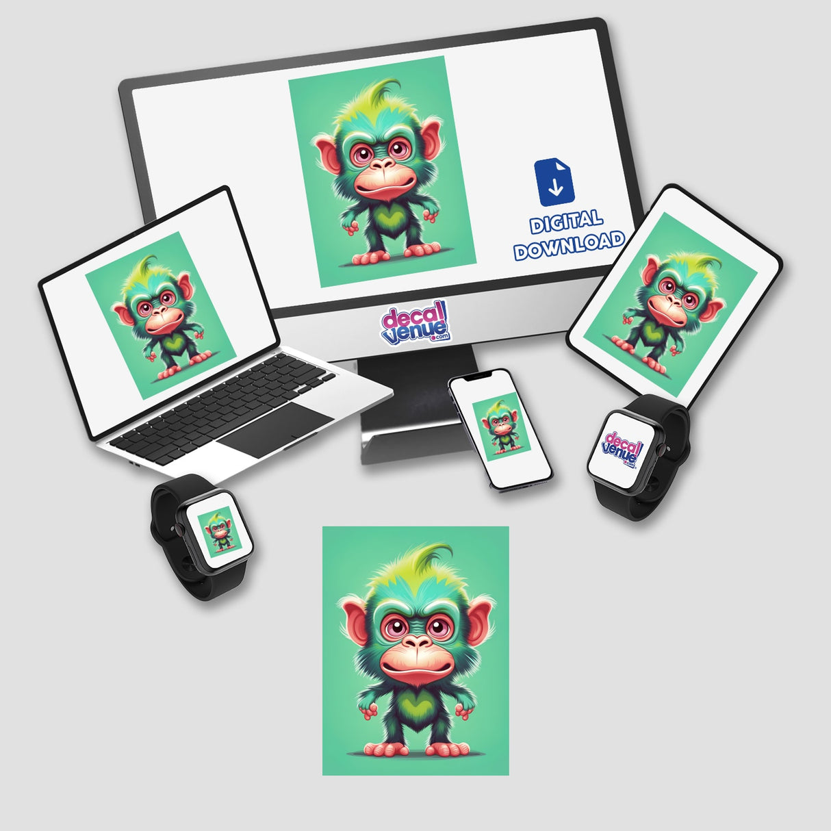 Vibrant digital artwork of an adorable yet angry-looking monkey character featured on various electronic devices, including a laptop, tablet, and smartphone. The monkey has big expressive eyes, a distinct facial expression, and colorful, whimsical features, making it an eye-catching and engaging digital design.