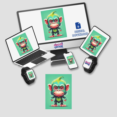 Vibrant digital artwork of an adorable yet angry-looking monkey character featured on various electronic devices, including a laptop, tablet, and smartphone. The monkey has big expressive eyes, a distinct facial expression, and colorful, whimsical features, making it an eye-catching and engaging digital design.