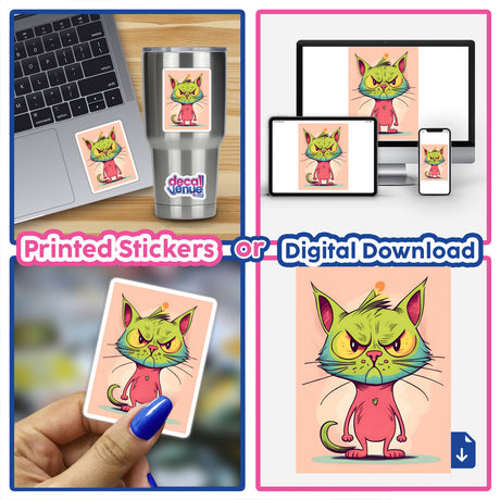 Adorable digital artwork of an angry cat in various product placements, including laptop stickers and digital downloads.