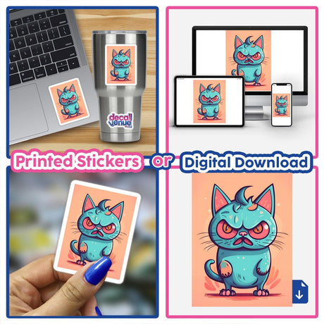 Adorable Angry Cat digital artwork, featuring a colorful and expressive cartoon feline character displayed on various digital and printed mediums.