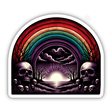 Macabre Rainbow Over Skulls Digital Sticker - Vibrant rainbow, eerie silhouetted trees, and skulls create a haunting, yet visually striking digital artwork.