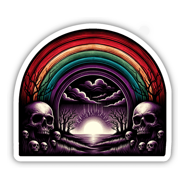 Macabre Rainbow Over Skulls Digital Sticker - Vibrant rainbow, eerie silhouetted trees, and skulls create a haunting, yet visually striking digital artwork.