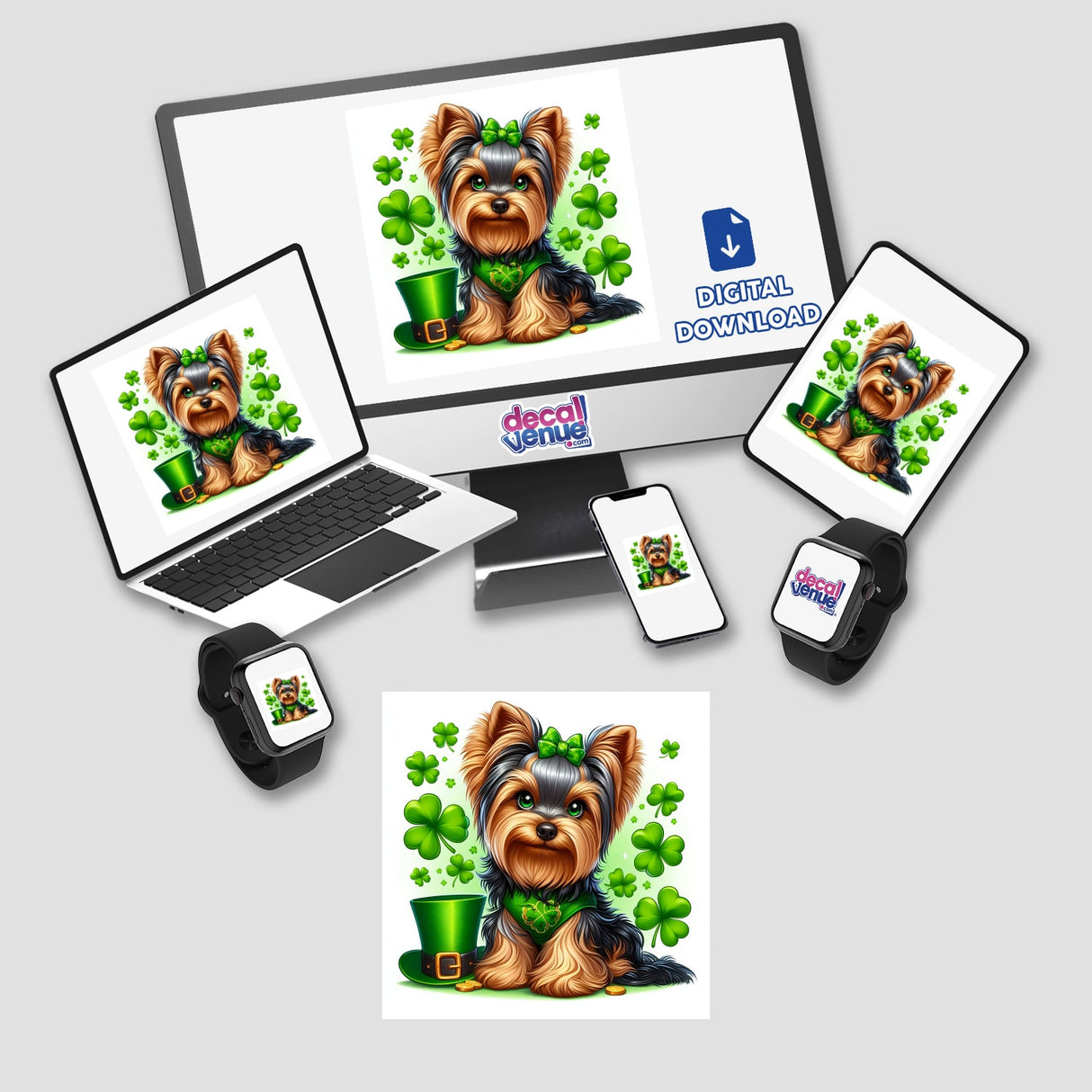 Yorkie w/ Hat and Clover Background