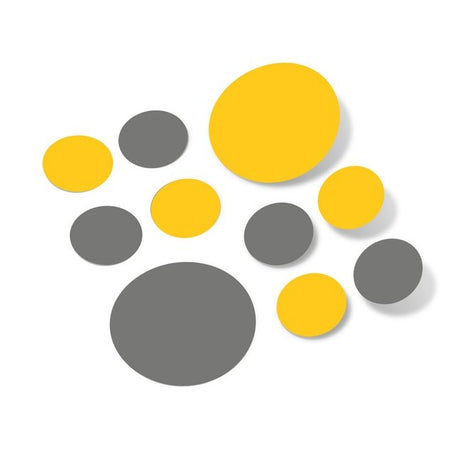Yellow and grey polka dot circles wall decals in various sizes.