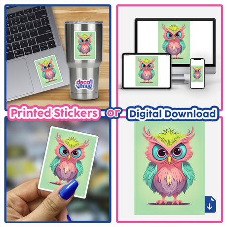 Adorable and colorful digital artwork featuring whimsical owls on various devices and products. The image showcases stickers and digital downloads available to express your unique style.