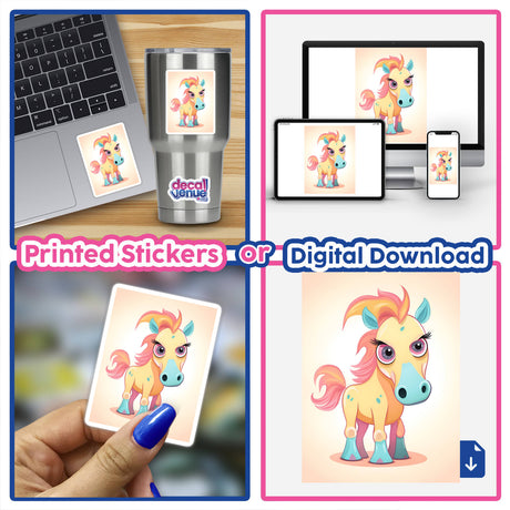 Adorable cartoon pony decal on various merchandise including laptop, tumbler, and mobile devices in the image from the Decal Venue store.