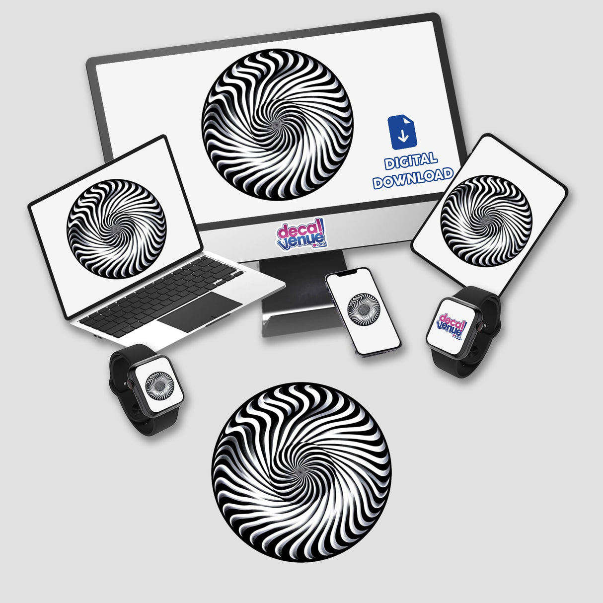 Hypnotic black and white swirl pattern digital artwork on various electronic devices and products